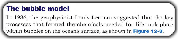 In 1986 the geophysicist Louis Lerman suggested that the key processes that formed the chemicals needed for life took place within bubbles on the ocean's surface